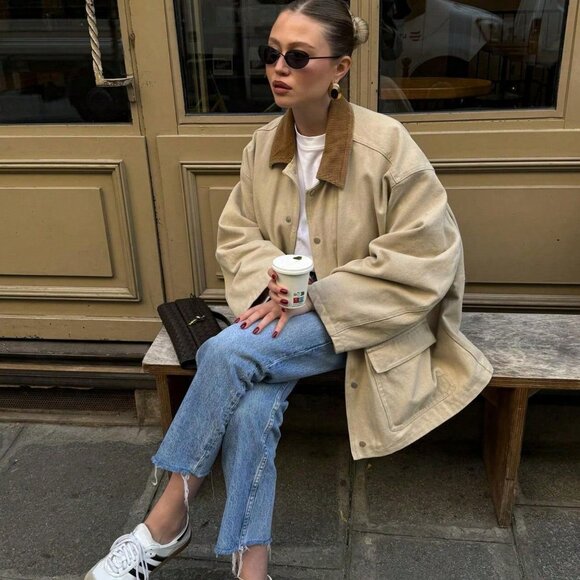 Khaki Casual Women's Loose  Corduroy ColorBlock Collar jacket - Picture 1 of 5